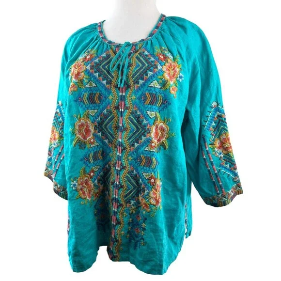 Johnny Was Linen Sentrie Peasant Blouse Floral Embroidered Blue 3/4 Sleeve XXL - Picture 3 of 16